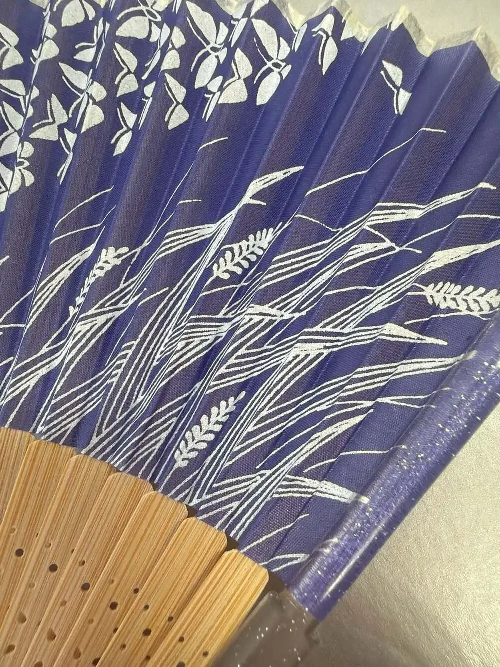 Purple Butterfly Bamboo Folding Hand Fan with Floral Fabric Sleeve 8.25